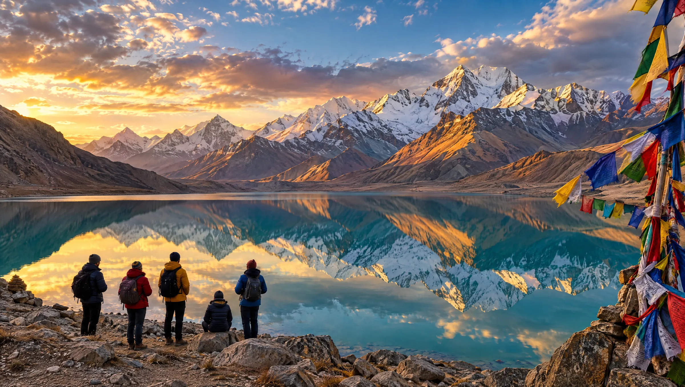 Travellers beside a still Himalayan lake reflecting snow-capped peaks at golden hour, with prayer flags in the foreground
